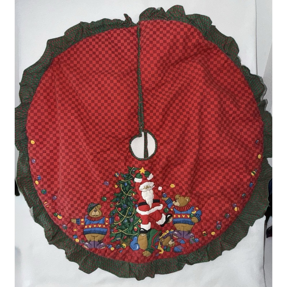 Christmas Tree Skirt Santa Quilted Country Cottagecore Bears Gingham Vintage